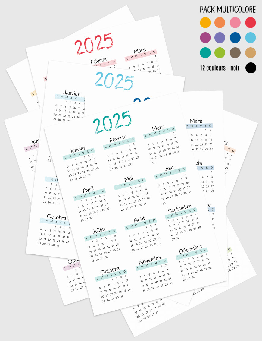 Planning annuel à imprimer - A5 A4 - Multicolore 2025 - AD009