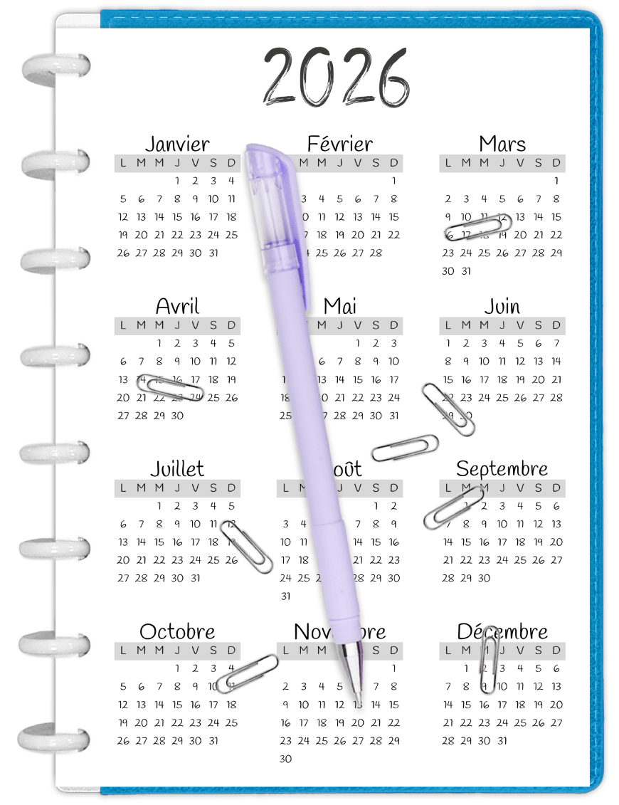 Planning annuel à imprimer - A5 A4 - Noir 2026 - AD009