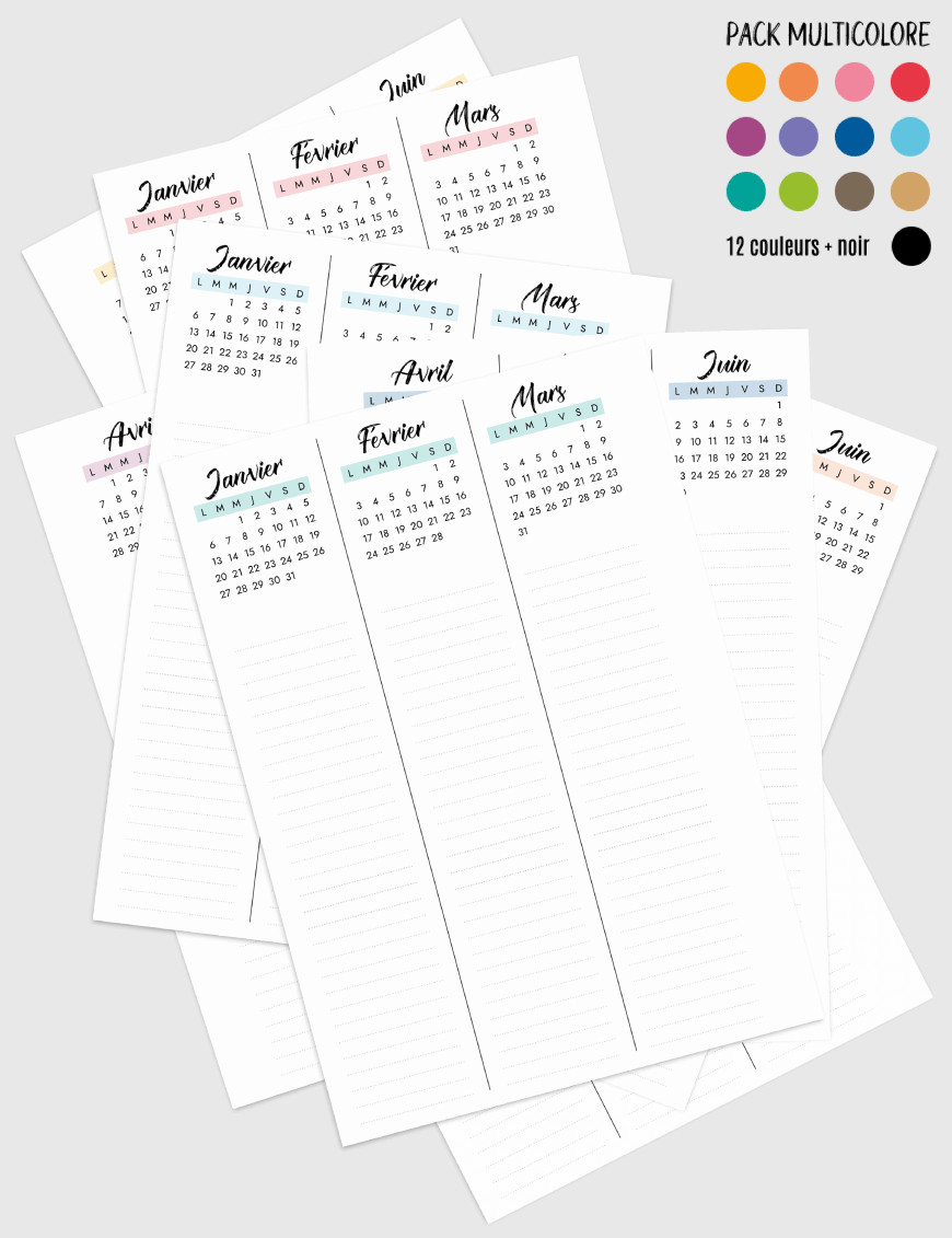 Planning annuel à imprimer - Artistique A4 Multicolore 2025 - AD002