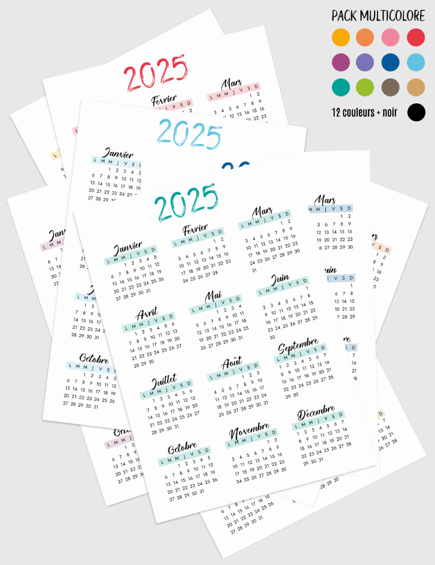 Planning annuel A4 à imprimer -  - AD001-Artistique-A4-Multicolore-2025