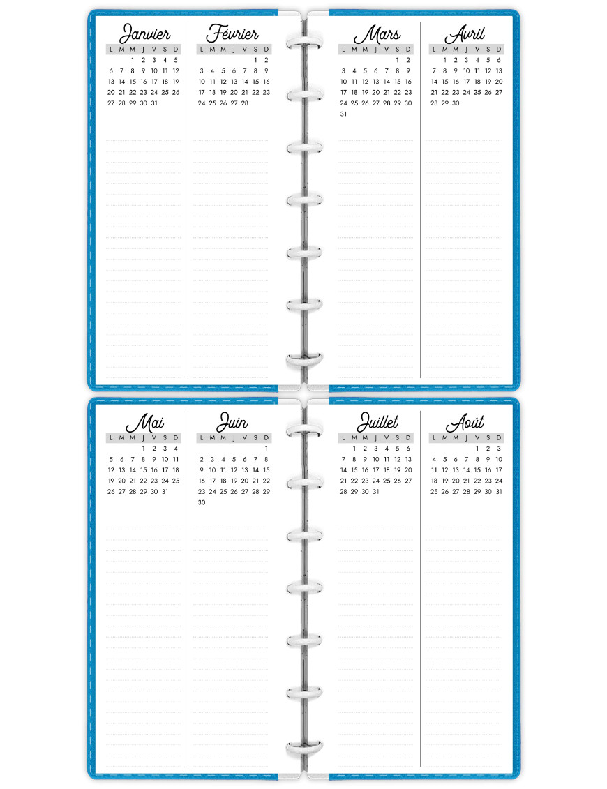 Planning annuel Filofax Personal à imprimer -  - AD002-Romantique-Personal-Noir-2025