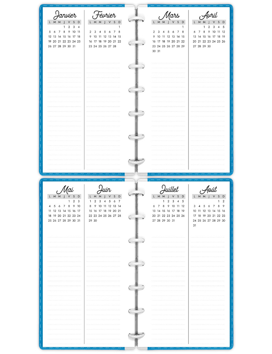 Planning annuel Filofax Personal à imprimer -  - AD002-Romantique-Personal-Noir-2026