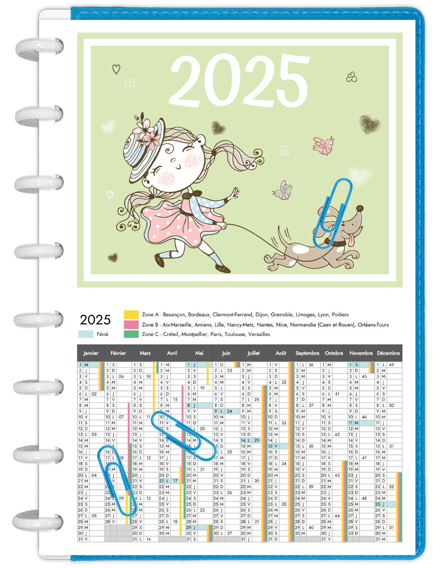 Calendrier annuel 2024 avec vacances scolaires à imprimer en A5 - Mademoiselle promène son chien