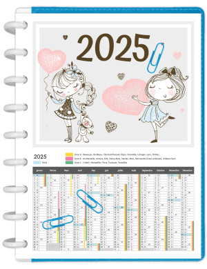 Calendrier annuel 2025 avec vacances scolaires à imprimer pour Happy Planner Classic - Mademoiselle Amour