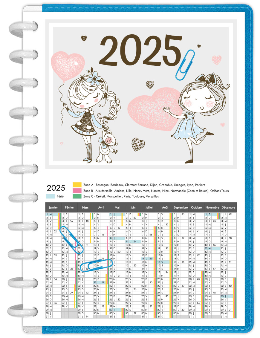 Calendrier annuel 2025 avec vacances scolaires à imprimer en A4 - Mademoiselle Amour