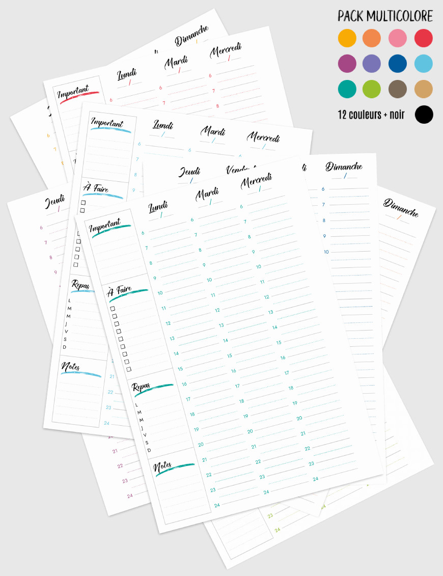 Planning hebdomadaire A5 à imprimer -  - SP004-Artistique-A5-Multicolore