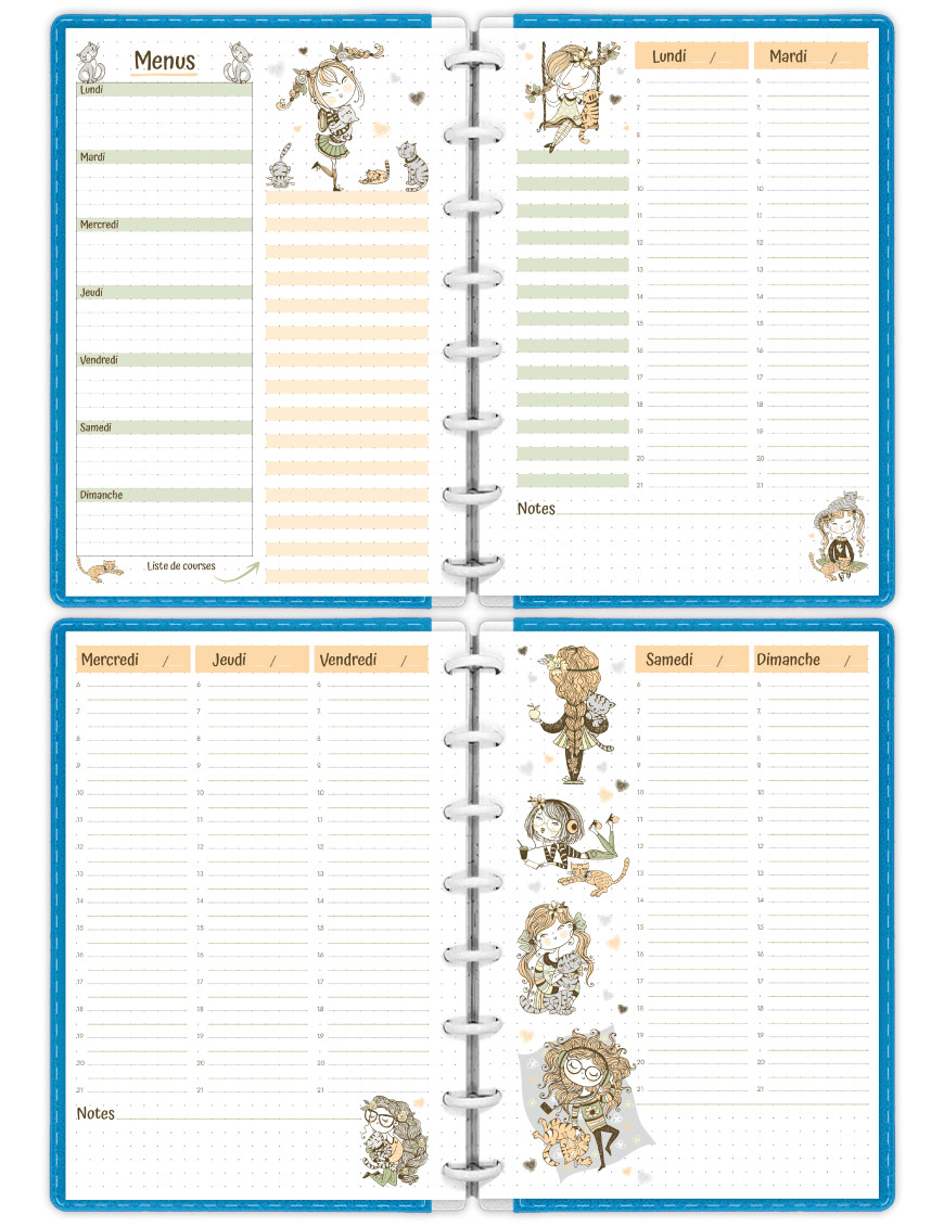 Planning hebdomadaire Mademoiselle Chat A5 à imprimer - SP031 v1