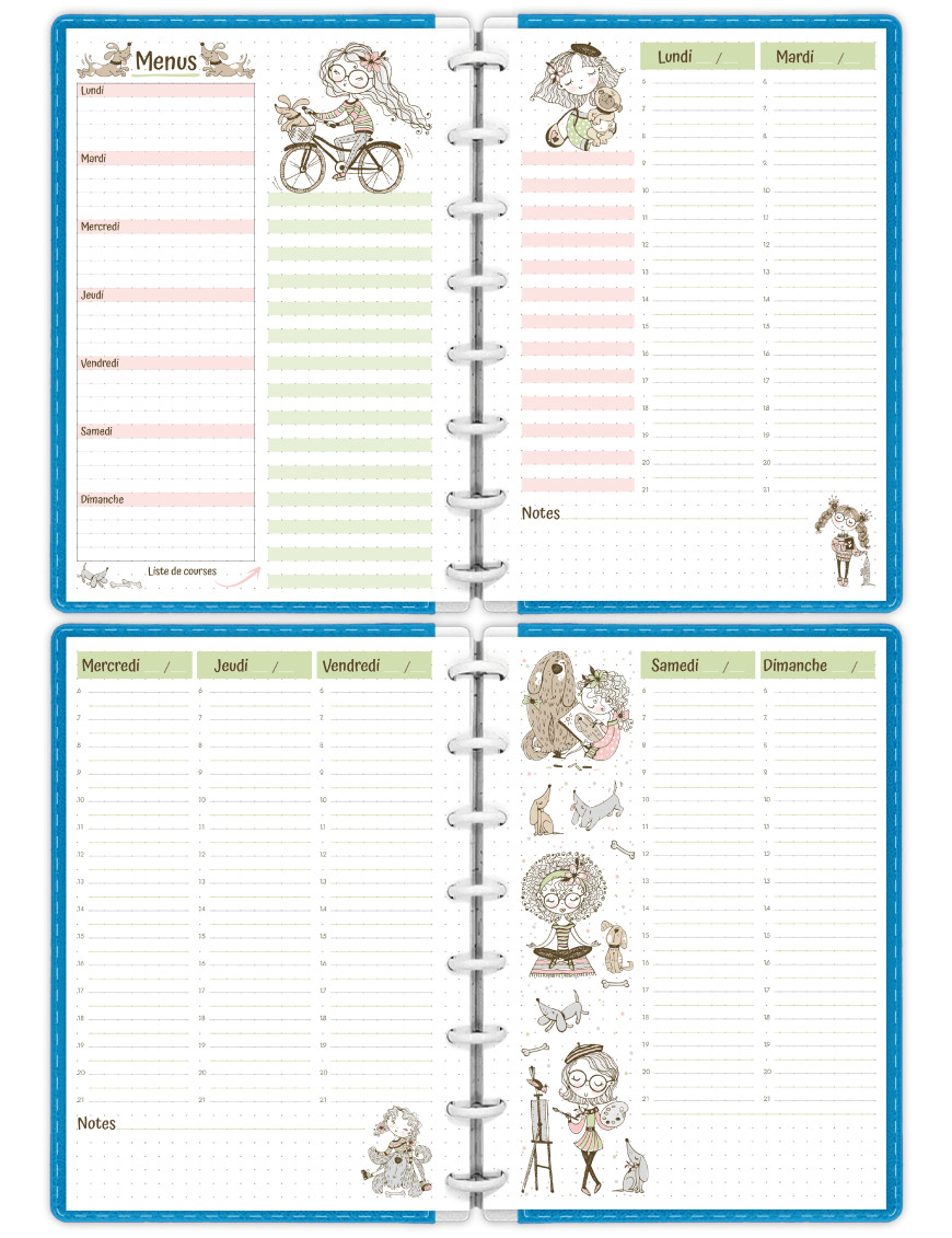 Semainier perpétuel sur 4 pages en colonnes Mademoiselle Chien A5 à imprimer