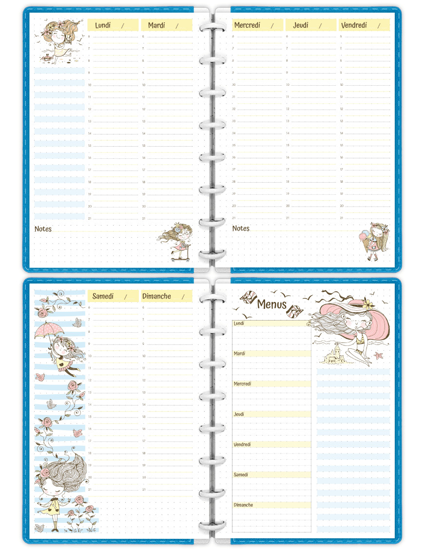 Semainier perpétuel sur 4 pages en colonnes avec menu - Mademoiselle Été - SP015 A5