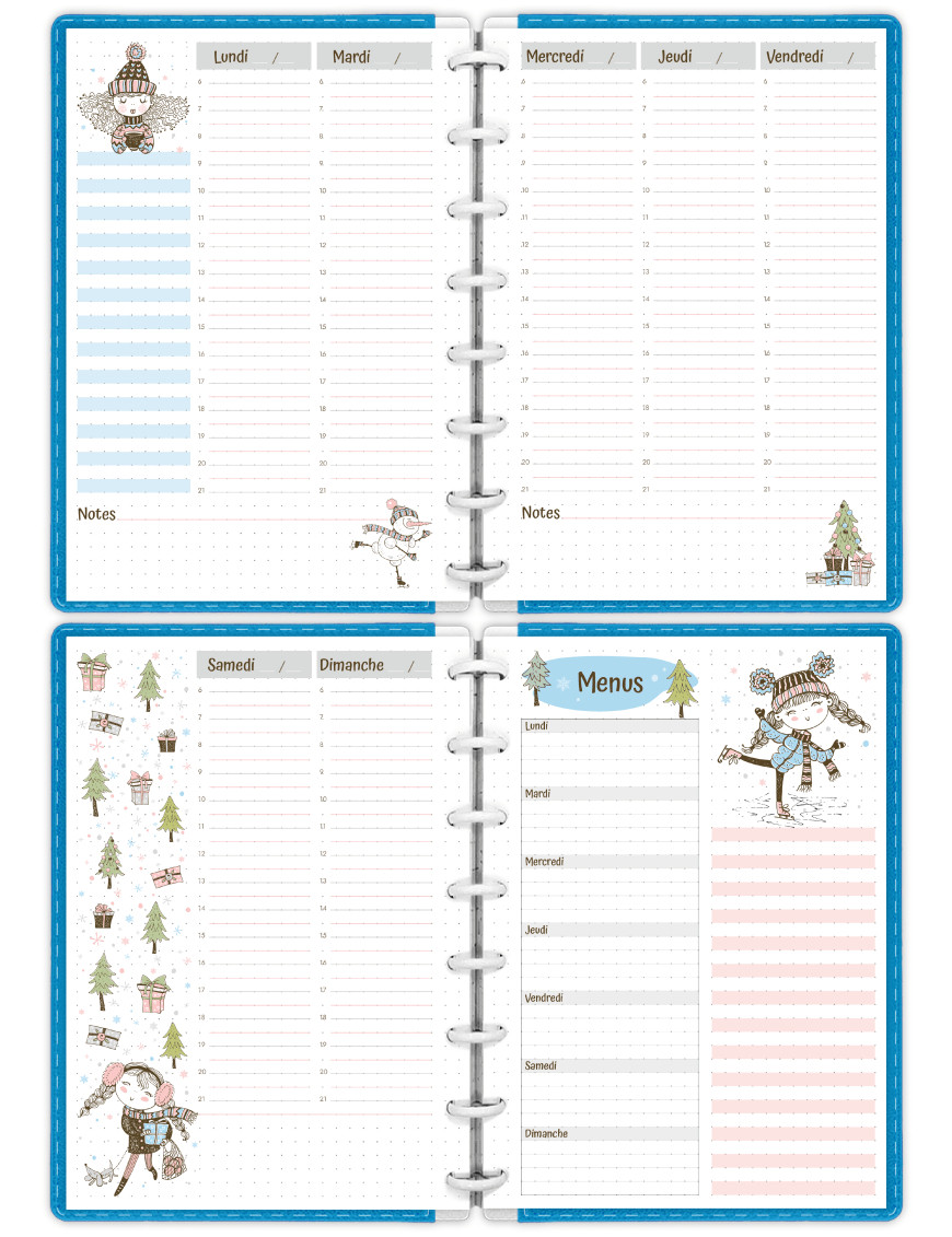 Planning hebdomadaire Hiver en colonnes à imprimer en A5 - SP012