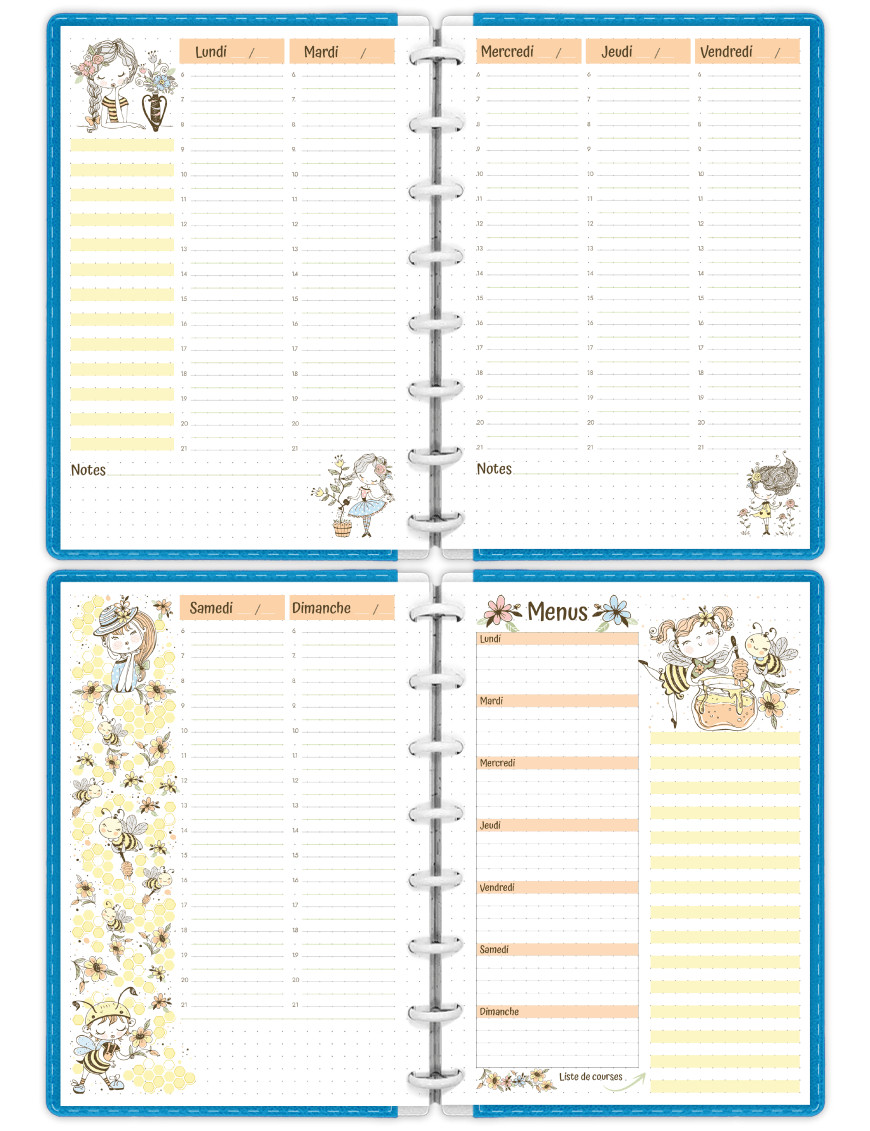 Weekly Log sur 4 pages en colonnes pour Bullet Journal A5 - Mademoiselle Printemps - SP035