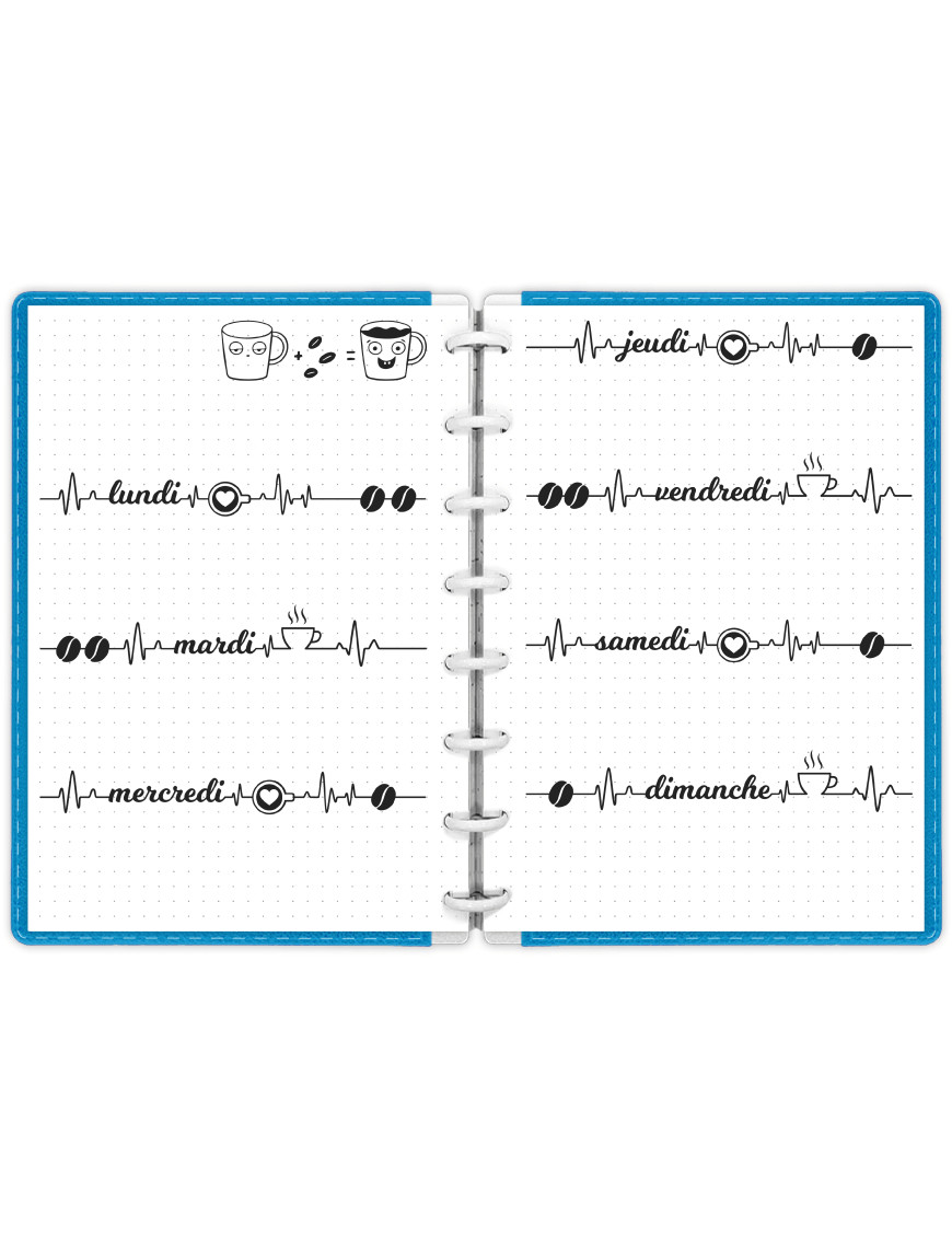 Semainier perpétuel sur 2 pages à imprimer en A5 - Café Doodle - SP018