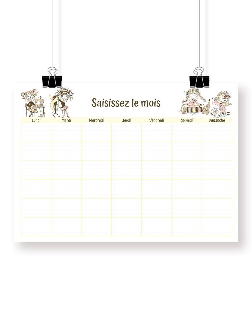 Calendrier mensuel éditable -Mademoiselle Couture