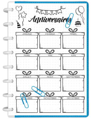 Fiche mémo Anniversaire à imprimer en A5 - Bullet Journal - AN001