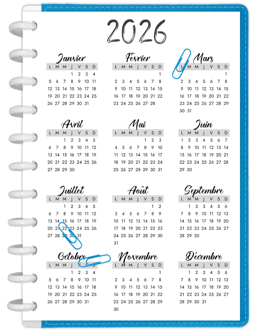 Calendrier annuel daté minimaliste à imprimer | Mon agenda PdF