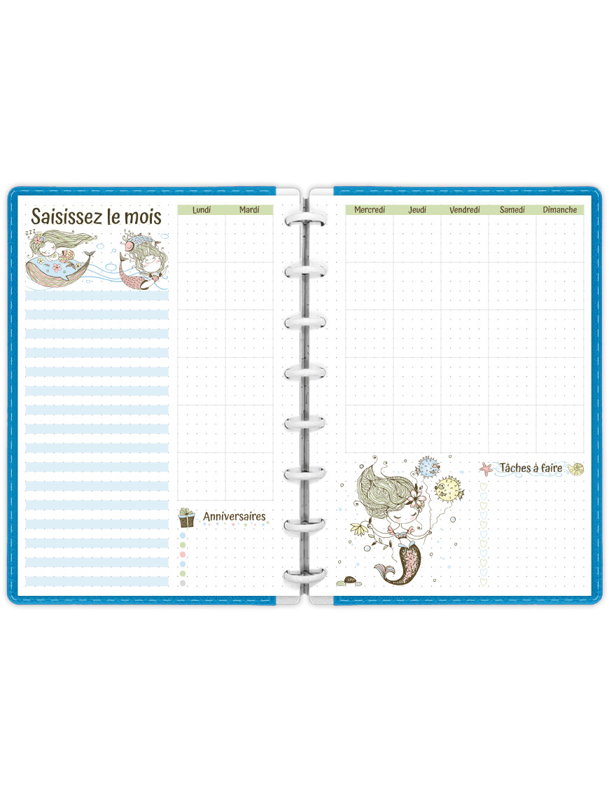 Planning mensuel avec mois personnalisable Mademoiselle Sirène à imprimer en A5 - MP019