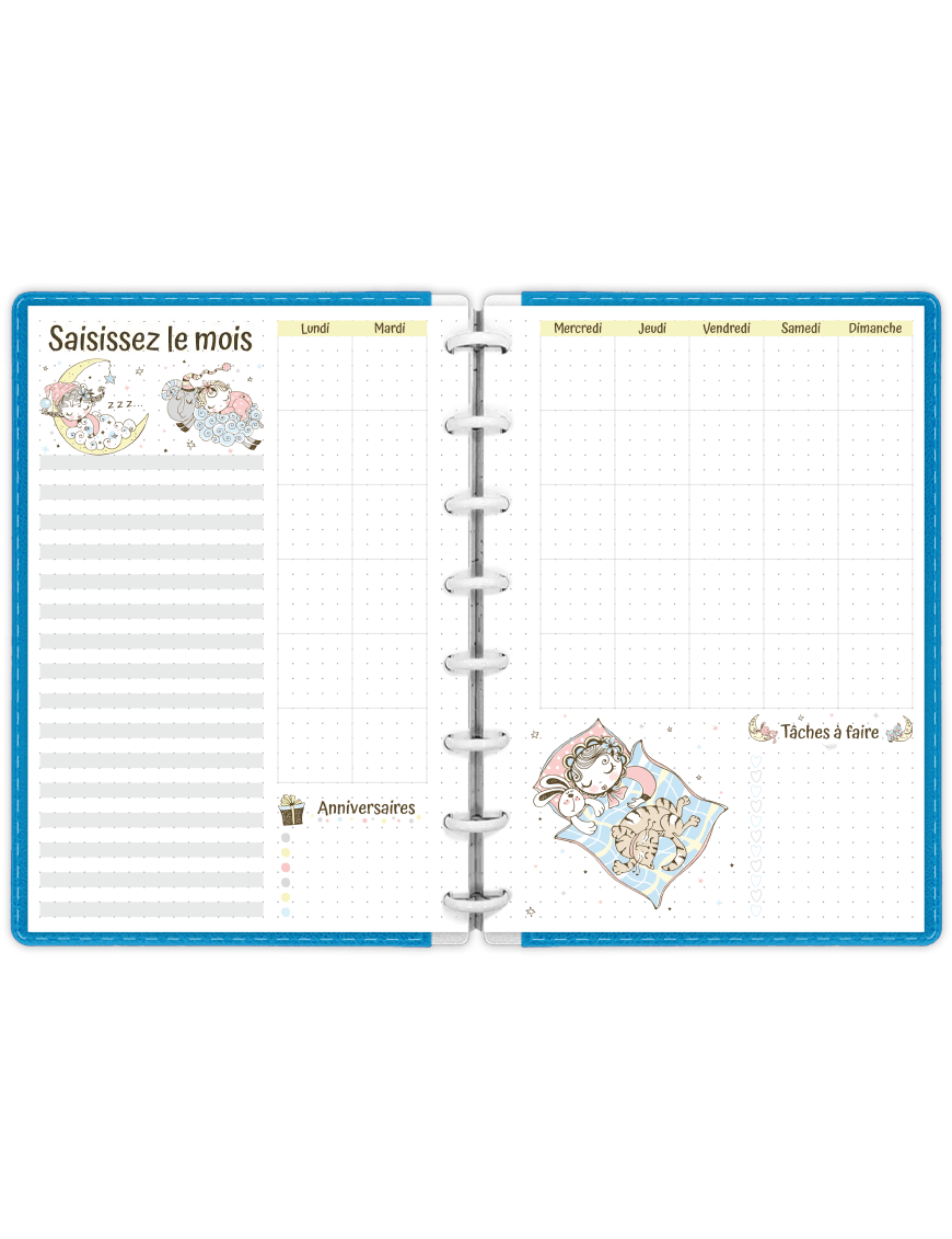 Planning mensuel avec mois personnalisable Mademoiselle Pyj' à imprimer en A5 - MP020