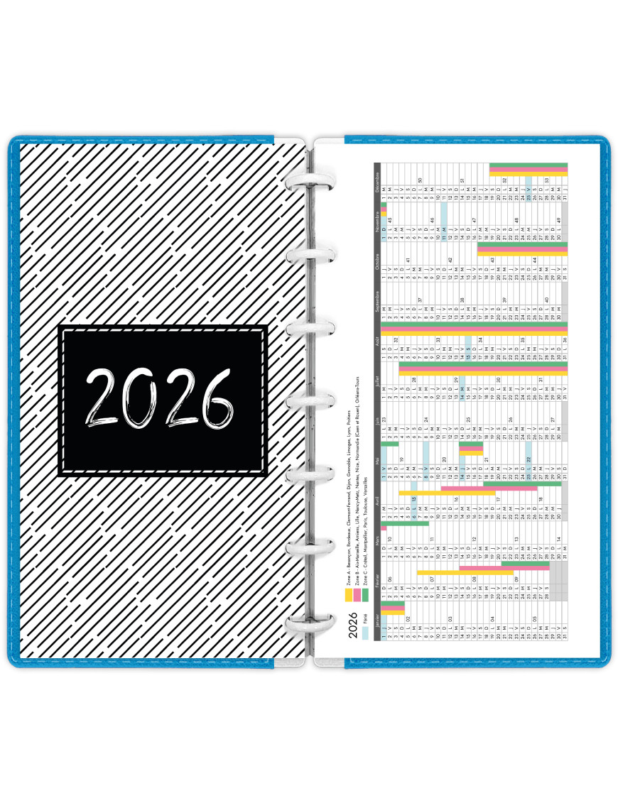 Calendrier annuel 2026 avec vacances scolaires à imprimer - Doodle - Filofax Personal