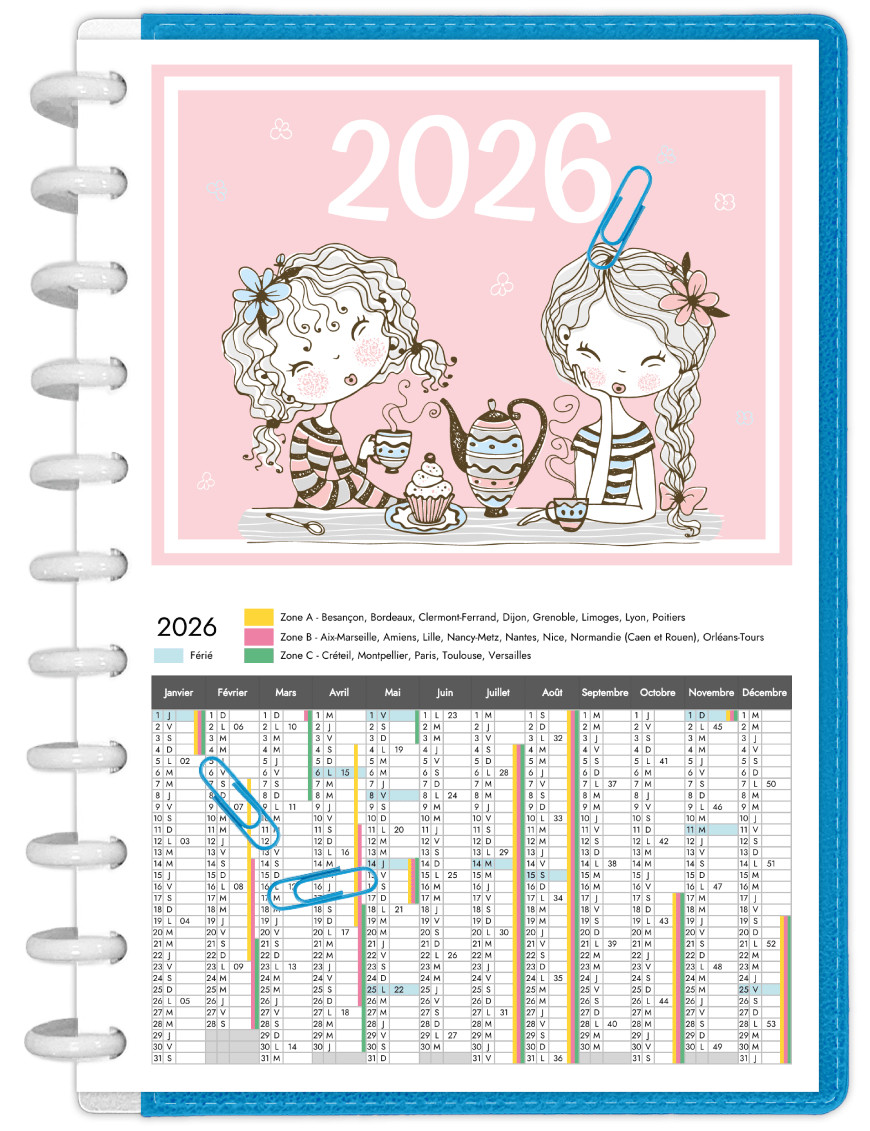 Calendrier annuel 2026 avec vacances scolaires à imprimer en A4 - Mesdemoiselles prennent le thé