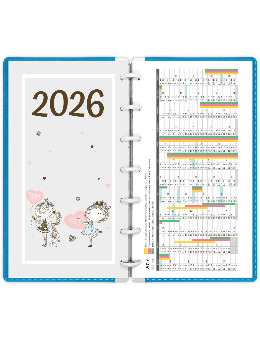 Calendrier annuel 2026 avec vacances scolaires à imprimer pour Filofax Personal - Mademoiselle Amour