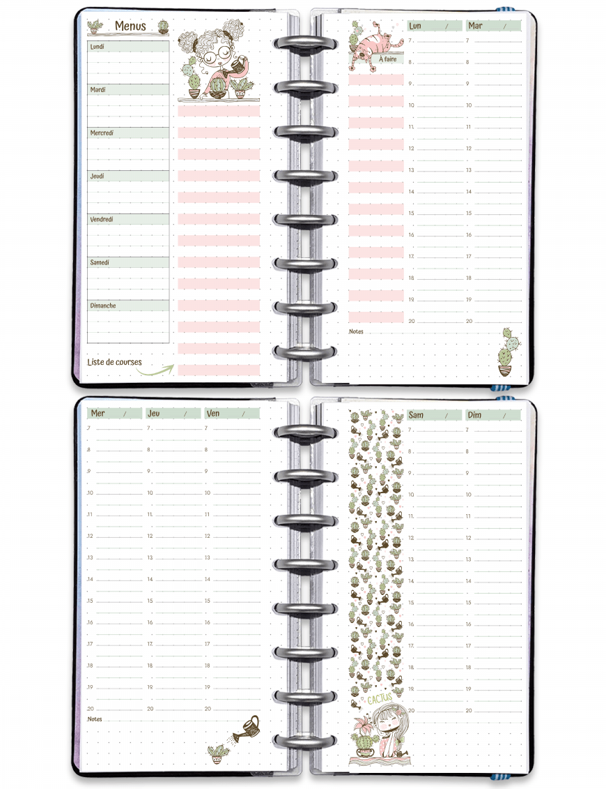 Semainier perpétuel à imprimer sur 4 pages - Personal - Mademoiselle cactus