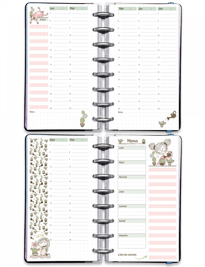 Semainier perpétuel en colonnes à imprimer sur 4 pages - Personal - Mademoiselle cactus