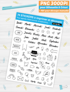 DIY stickers Bullet Journal à imprimer - PNG 300dpi pour Silhouette et Cricut - Minimaliste artistique