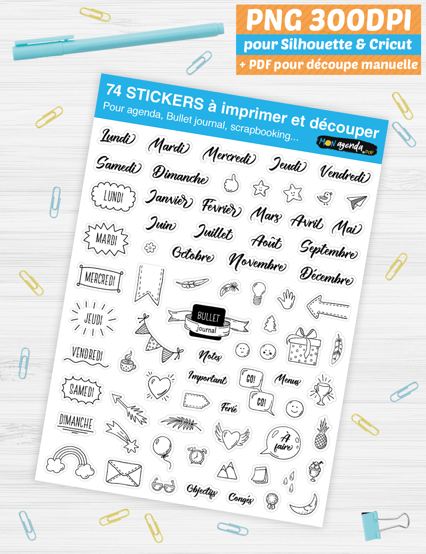 DIY stickers Bullet Journal à imprimer - PNG 300dpi pour Silhouette et Cricut - Minimaliste artistique