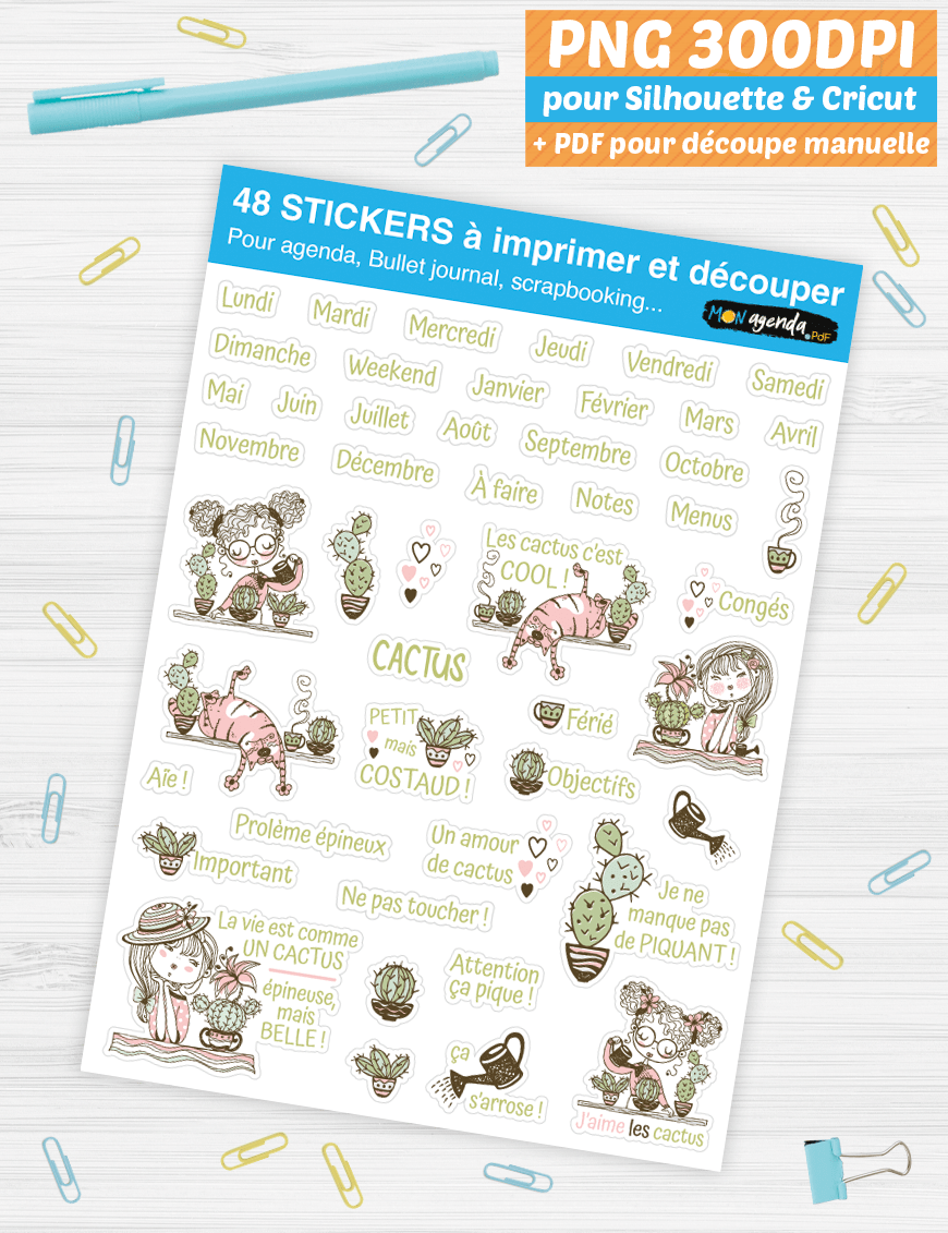 DIY stickers à imprimer Cactus Mademoiselle - PNG Print and Cut pour Caméo et Cricut