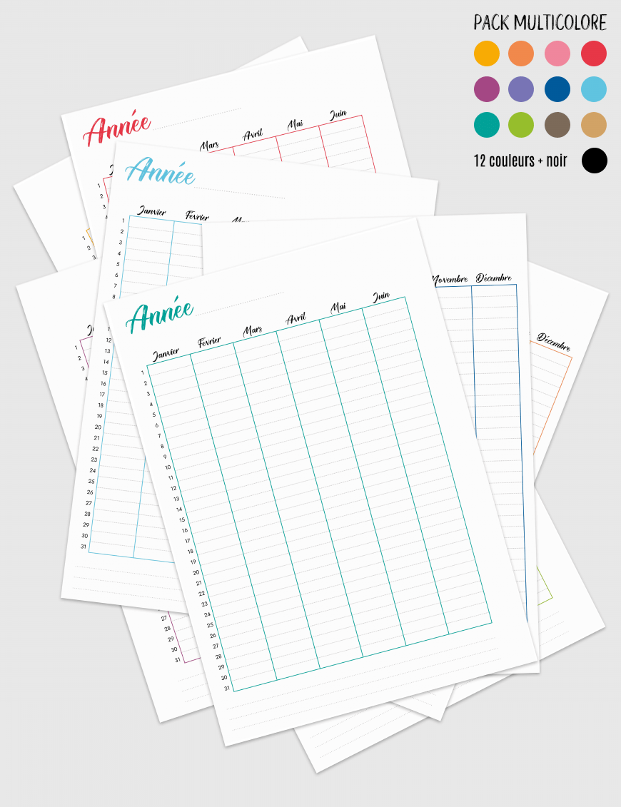 Planning annuel à imprimer ap001-calendrier-annuel-perpetuel-artistique-multicolore