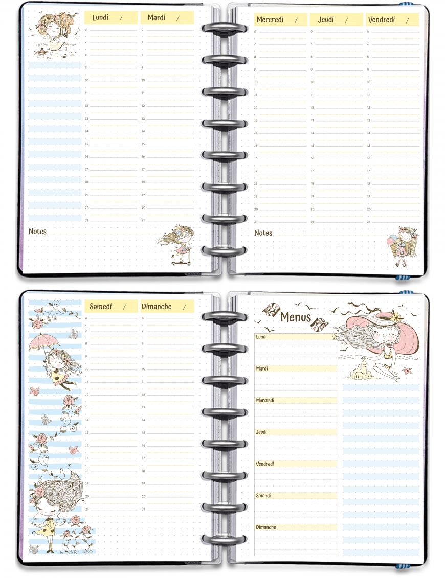 Semainier perpétuel sur 4 pages en colonnes avec menu - A5 A4 - Mademoiselle Été