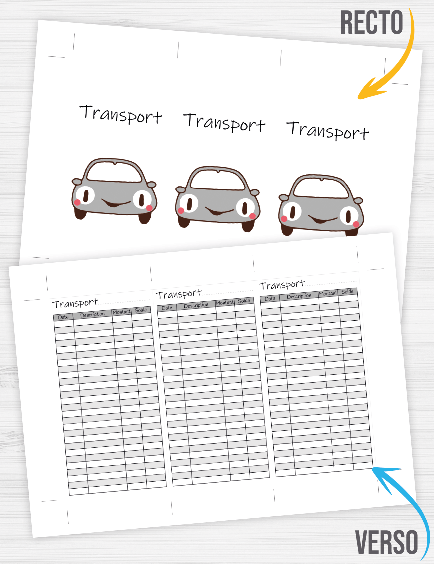 3 suivis recto verso pour enveloppes budgétaires, à imprimer et découper - A4 - Transport Kawaii