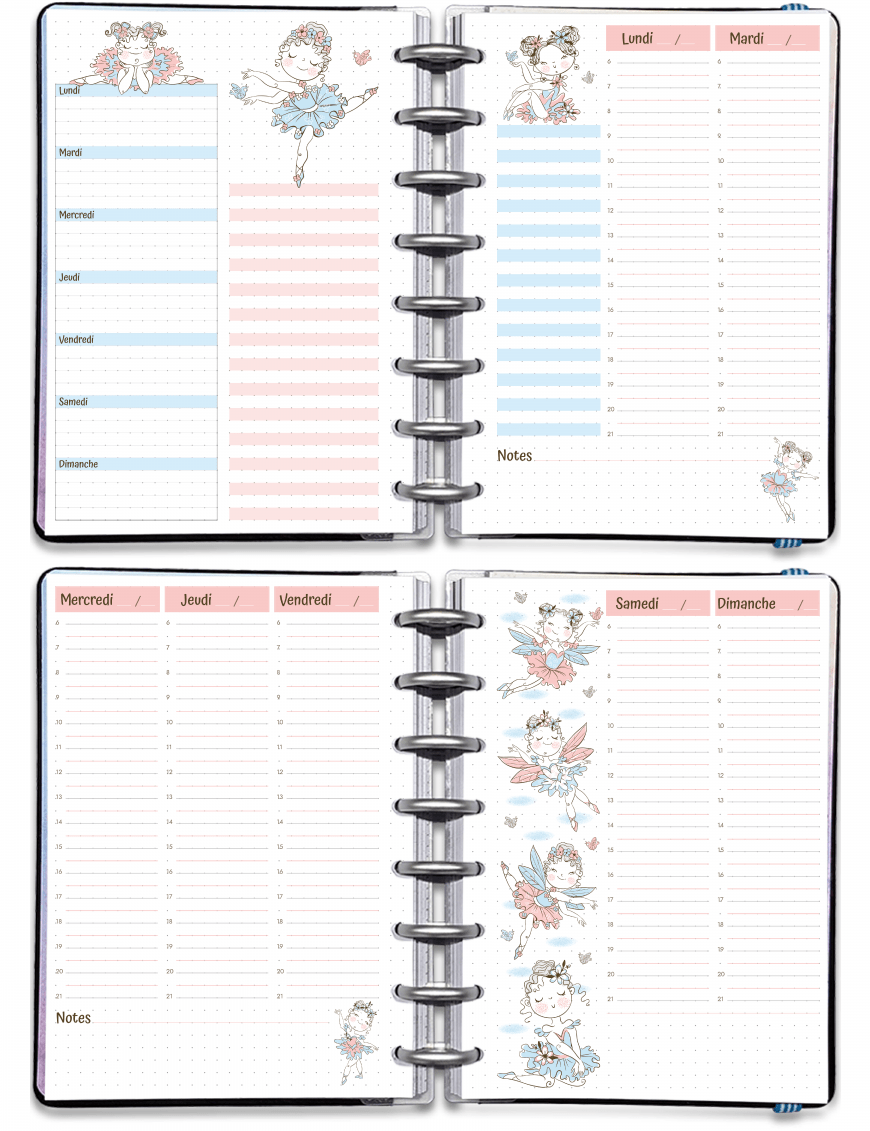 Semainier perpétuel à imprimer sur 4 pages - A5 A4 - Mademoiselle Ballerine