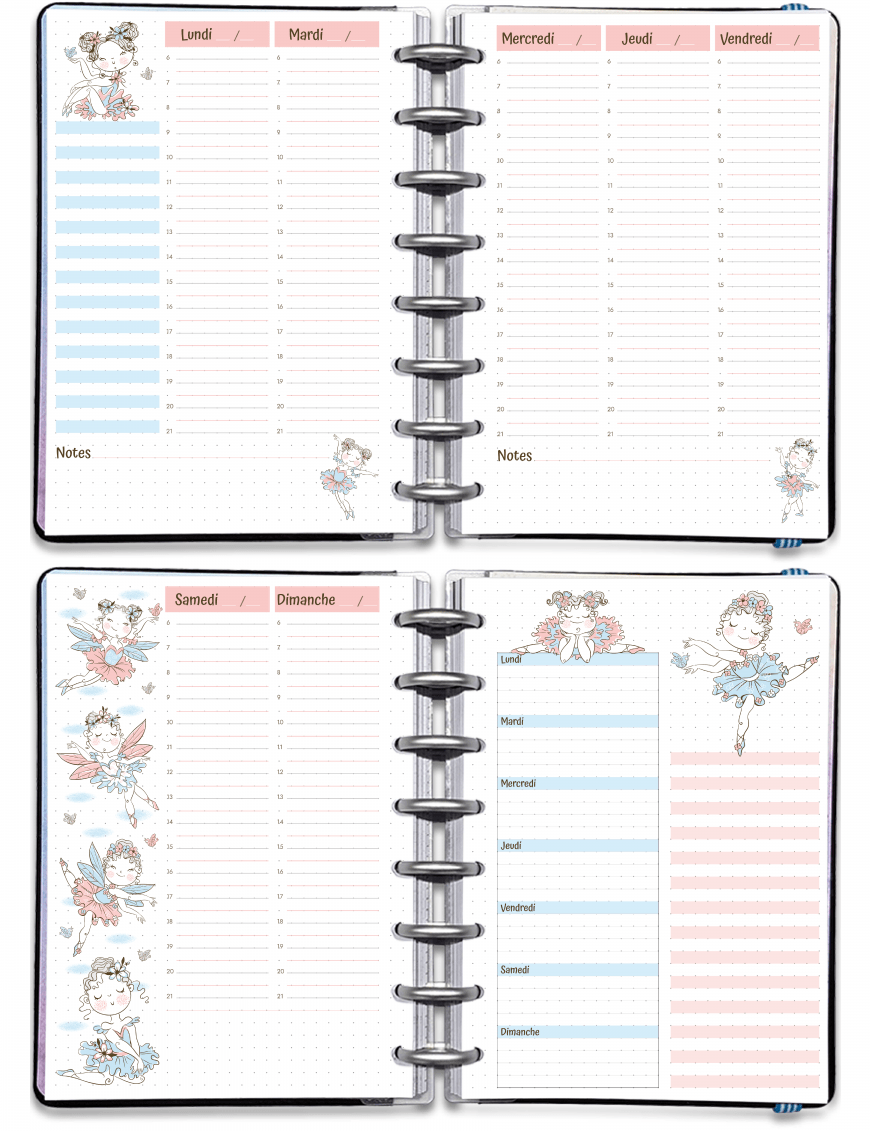Semainier perpétuel sur 4 pages en colonnes avec menu - A5 A4 - Mademoiselle Ballerine