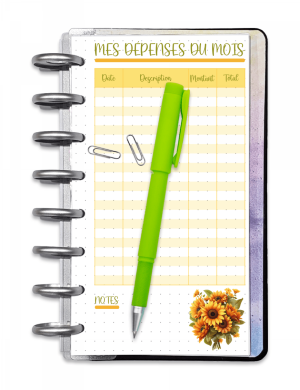 Page des dépenses mensuelles Personal fleur Tournesol | Mon agenda PdF