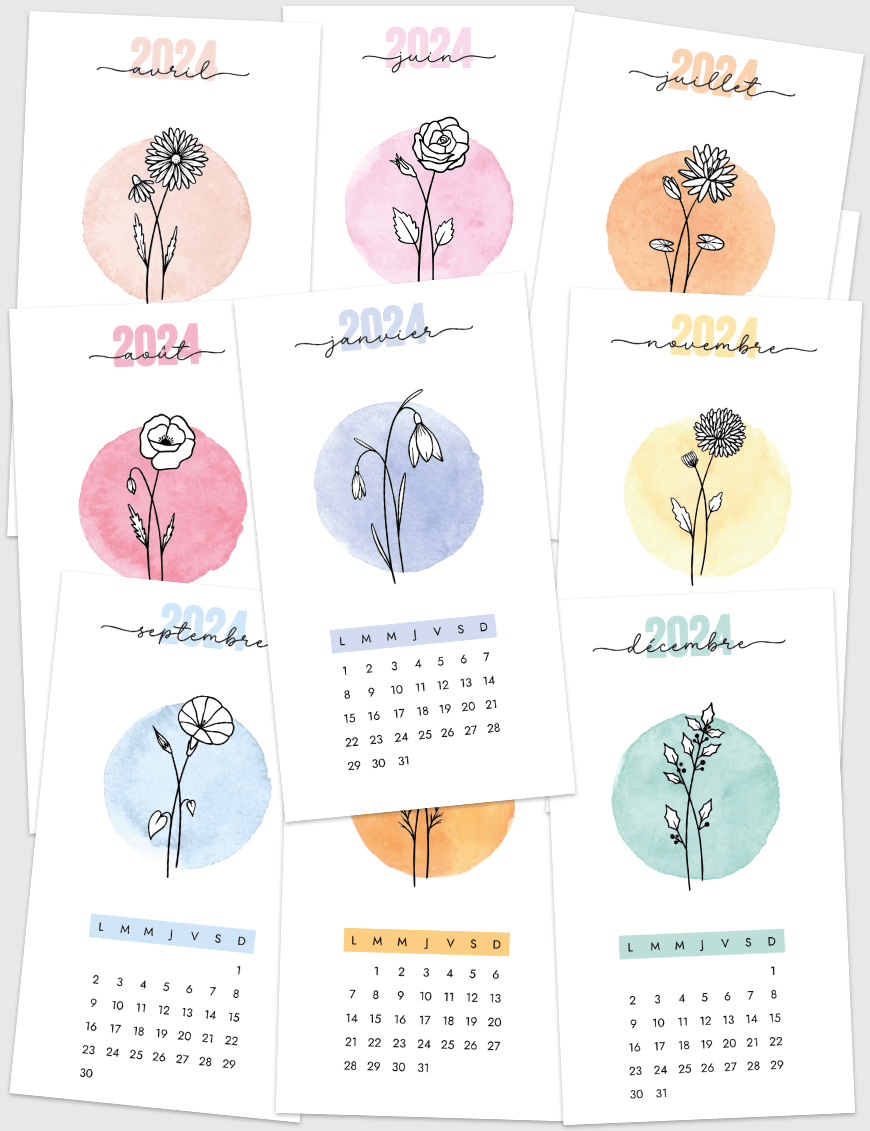 Calendriers mensuels 2024 doodle fleur sur aquarelle